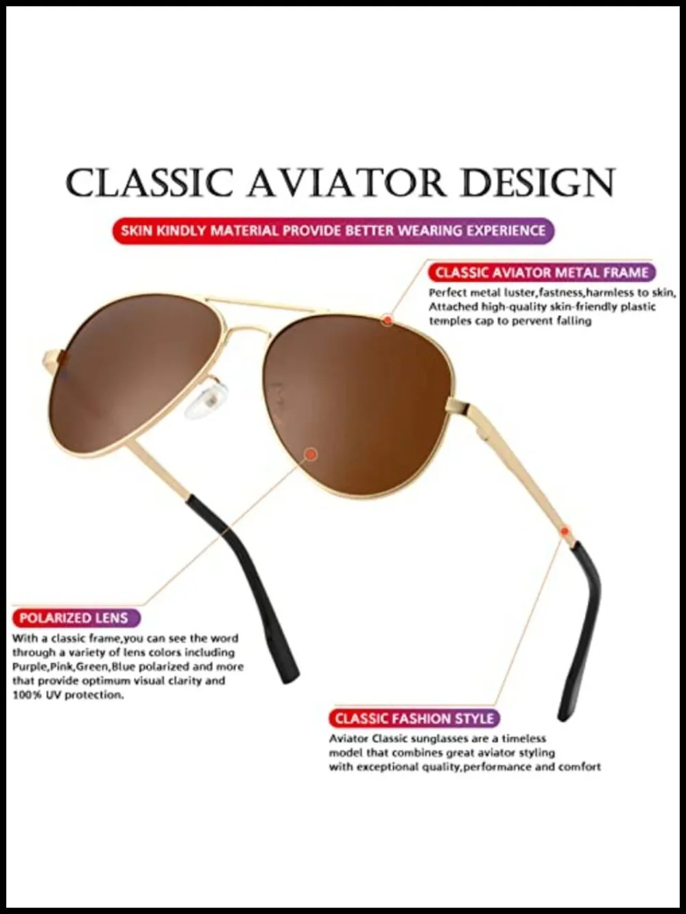 Polarized Aviator Sunglasses Metal Frame UV400 Protection 58mm